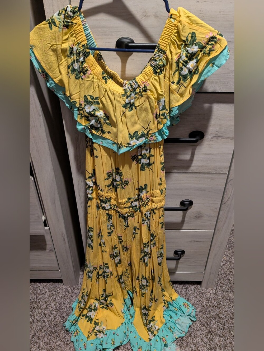 Matilda Jane Yellow Floral Off-Shoulder Dress with Aqua Trim XS